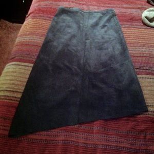 Black suede asymmetrical A-line midi skirt